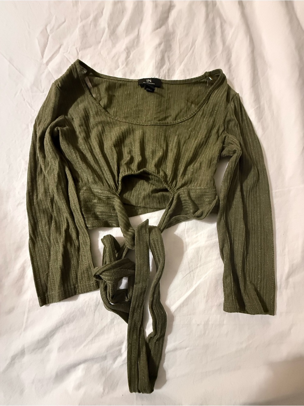 Olive Green Ribbed Tie-Front Long Sleeve Top junior size small
